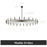 Lustre circulaire architectural en tubes à LED | Luminaire au design moderne Diamètre 130 cm 24 tubes / Noir / Blanc