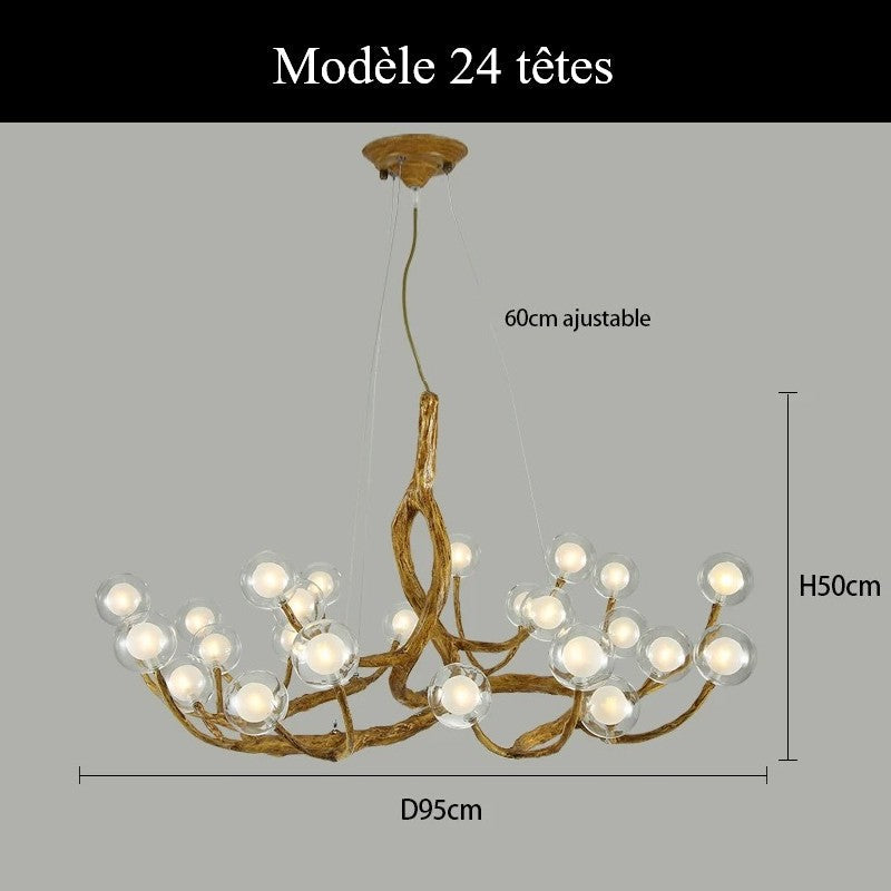Lustre branche d’arbre à sphères lumineuses | Élégance rustique & design naturel Modèle B | 24 sphères / Blanc chaud
