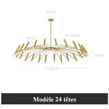 Lustre circulaire architectural en tubes à LED | Luminaire au design moderne Diamètre 130 cm 24 tubes / Or / Blanc chaud