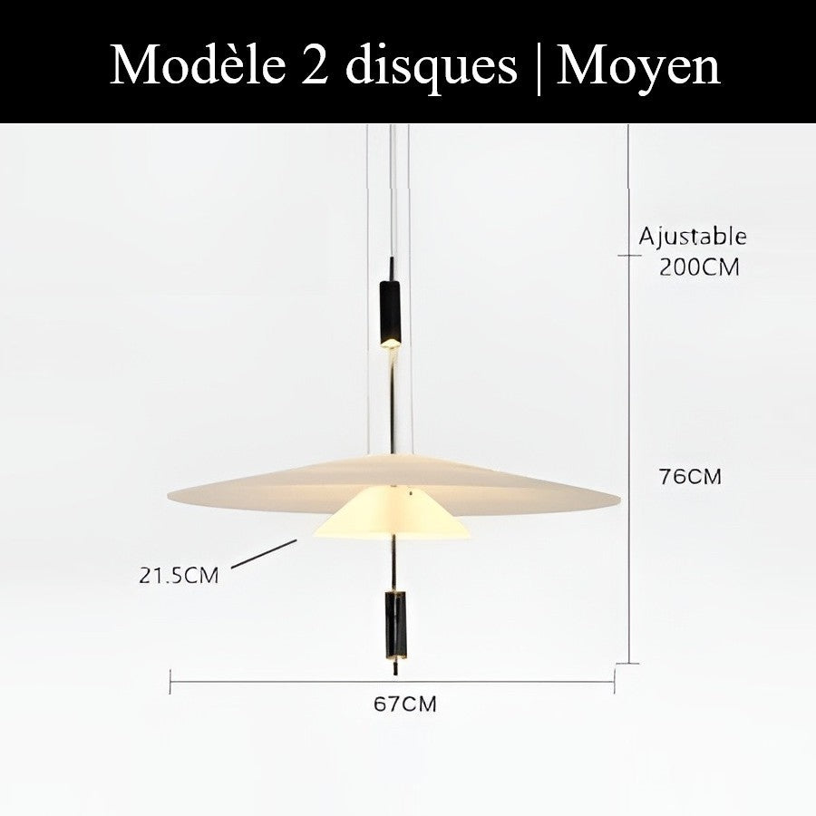 Suspension au design architecturale à disques superposés 2 disques | Moyen / Or / Blanc neutre