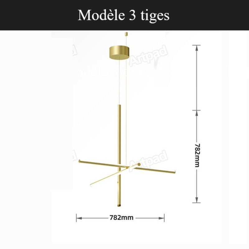 Suspension géométrique LED contemporaine | Tubes personnalisables 3 tiges / Or / Blanc chaud