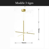 Suspension géométrique LED contemporaine | Tubes personnalisables 3 tiges / Or / Blanc chaud