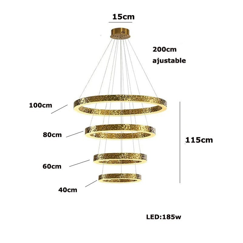 Lustre anneaux martelés dorés | Contemporain & Chic 4 anneaux / Blanc froid