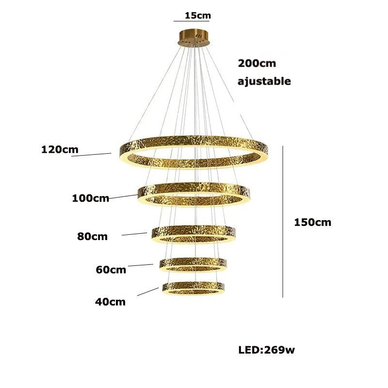 Lustre anneaux martelés dorés | Contemporain & Chic 5 anneaux / Blanc froid