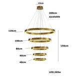 Lustre anneaux martelés dorés | Contemporain & Chic 5 anneaux / Blanc froid