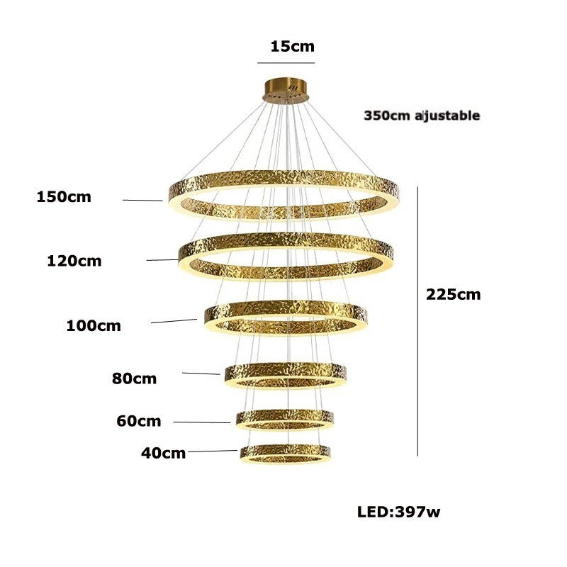 Lustre anneaux martelés dorés | Contemporain & Chic 6 anneaux / Blanc froid
