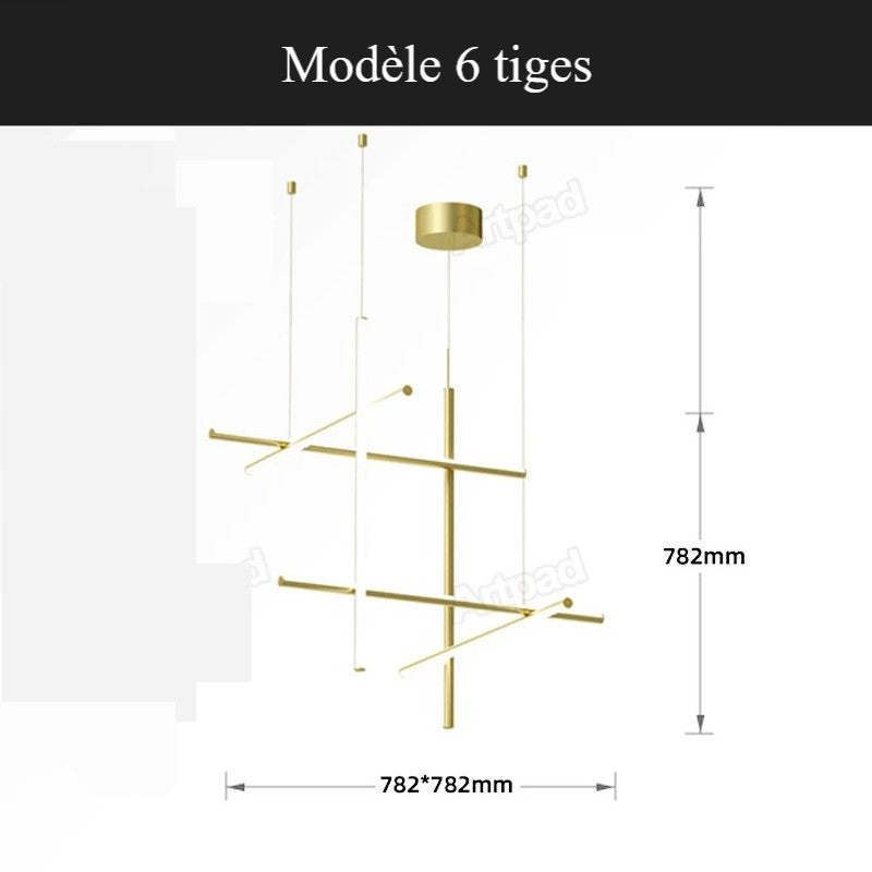 Suspension géométrique LED contemporaine | Tubes personnalisables 6 tiges / Or / Blanc chaud