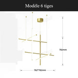 Suspension géométrique LED contemporaine | Tubes personnalisables 6 tiges / Or / Blanc chaud