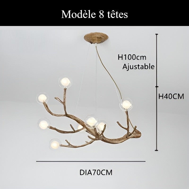 Lustre branche d’arbre à sphères lumineuses | Élégance rustique & design naturel Modèle A | 8 sphères / Blanc chaud