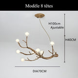 Lustre branche d’arbre à sphères lumineuses | Élégance rustique & design naturel Modèle A | 8 sphères / Blanc chaud