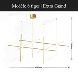 Suspension géométrique LED contemporaine | Tubes personnalisables 8 tiges | Extra Grand / Or / Blanc chaud