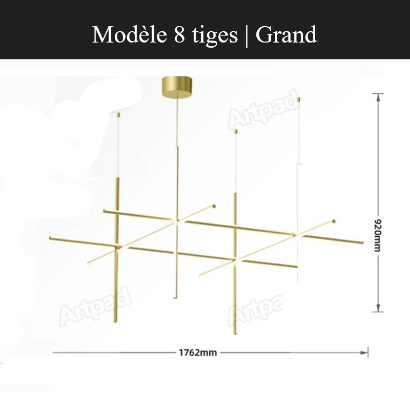 Suspension géométrique LED contemporaine | Tubes personnalisables 8 tiges | Grand / Or / Blanc chaud