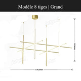 Suspension géométrique LED contemporaine | Tubes personnalisables 8 tiges | Grand / Or / Blanc chaud