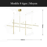 Suspension géométrique LED contemporaine | Tubes personnalisables 8 tiges | Moyen / Or / Blanc chaud