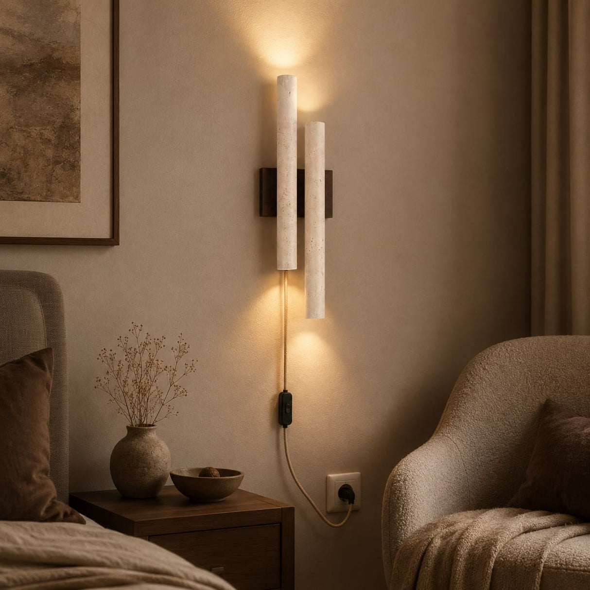 Applique murale travertin & bois | Luminaire en pierre naturelle ORGUE