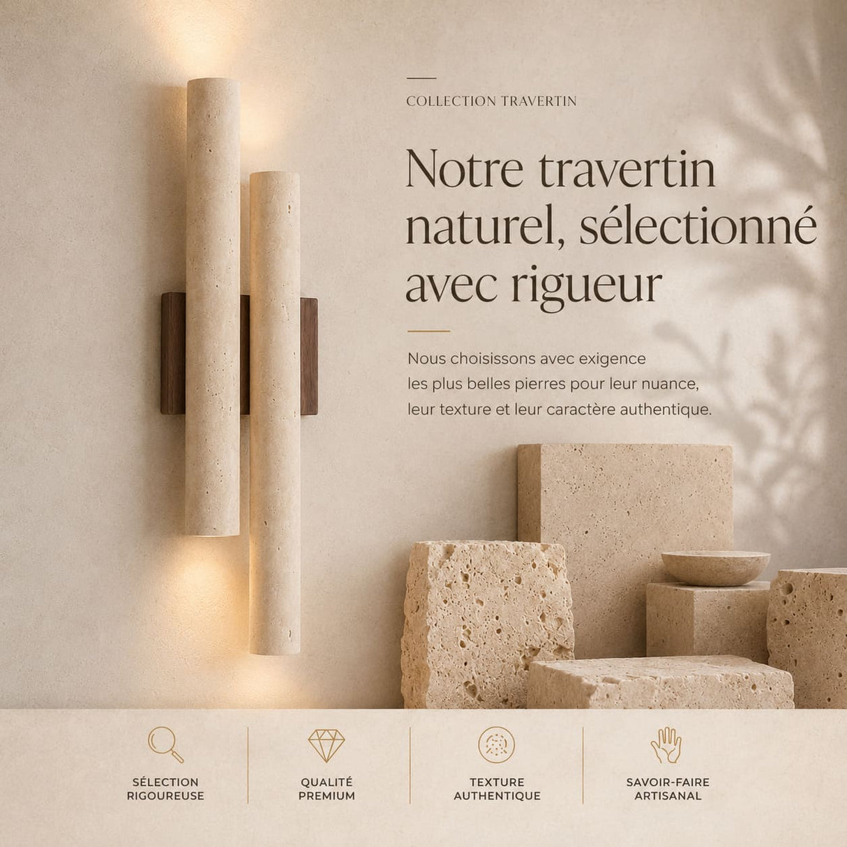 Applique murale travertin & bois | Luminaire en pierre naturelle ORGUE