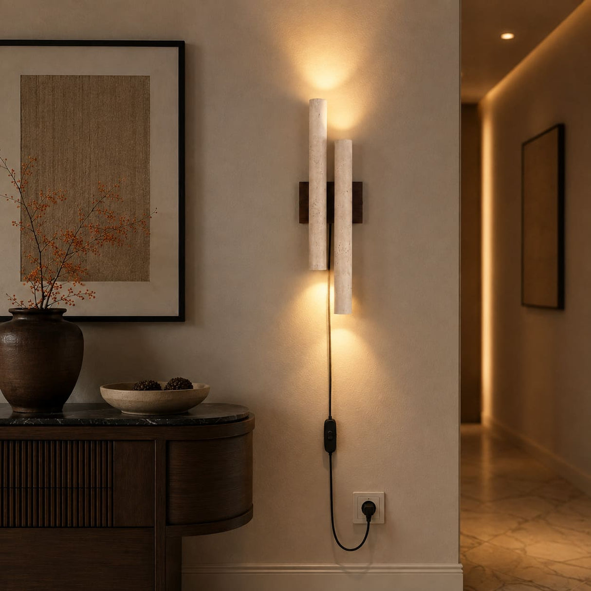 Applique murale travertin & bois | Luminaire en pierre naturelle ORGUE