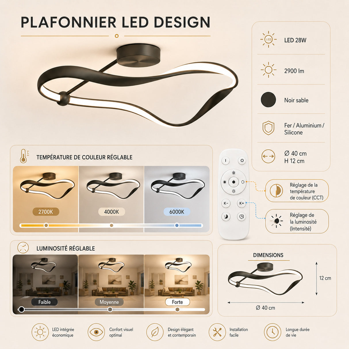 Plafonnier LED ondulé noir | Luminaire design TORSADE