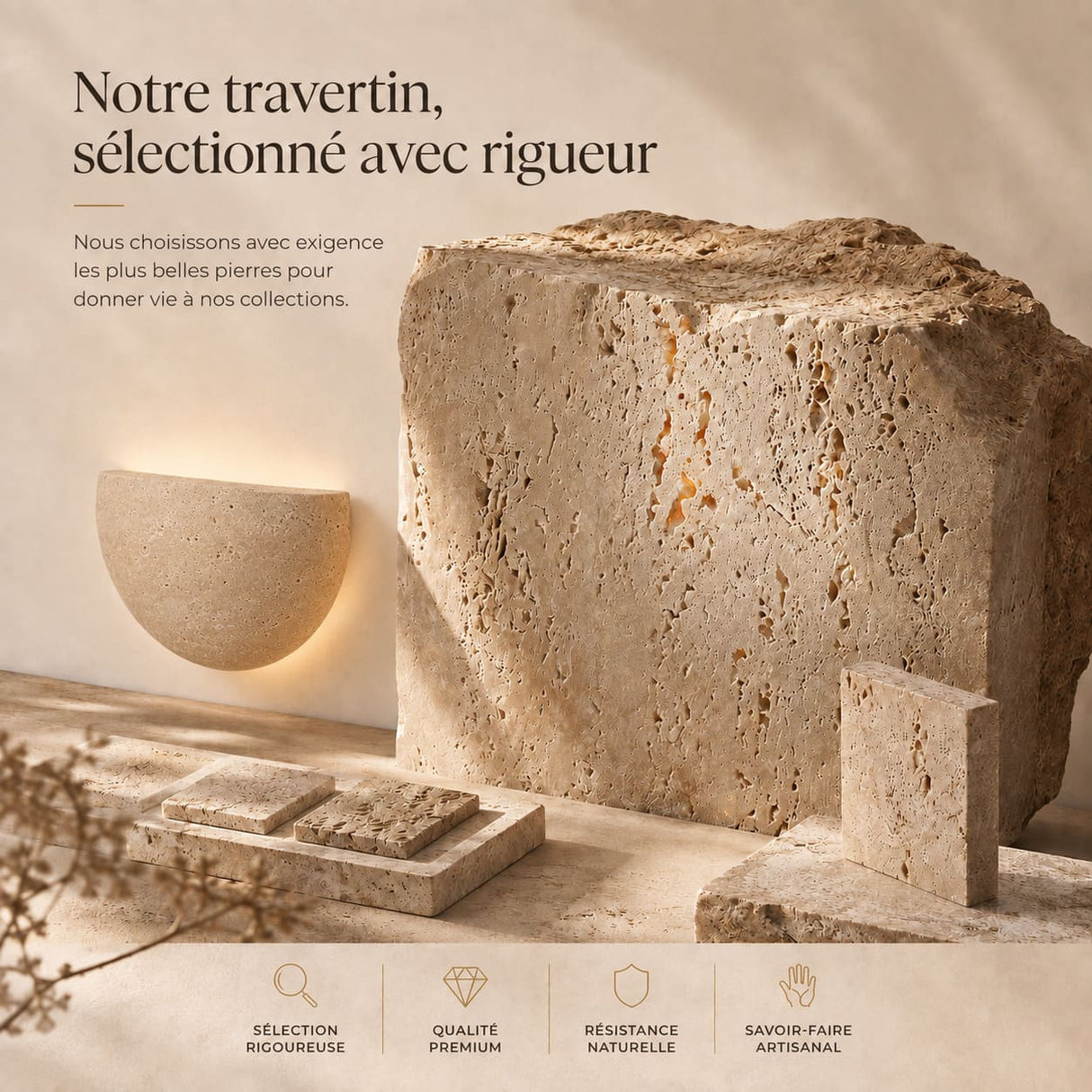 Applique murale en travertin | Luminaire en pierre naturelle DEMI-LUNE
