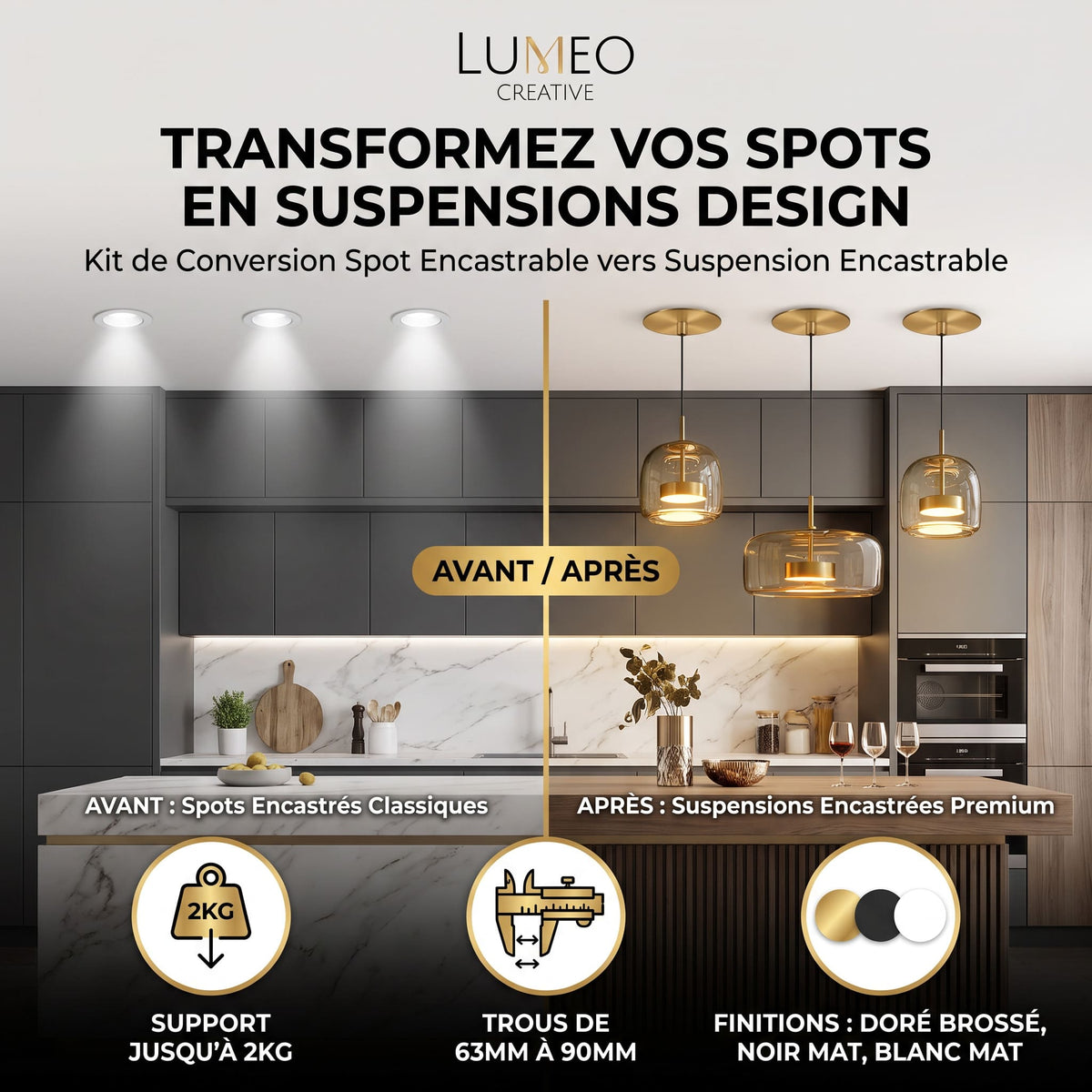 Kit de conversion spot en suspension | Encastrement 63 à 90 mm