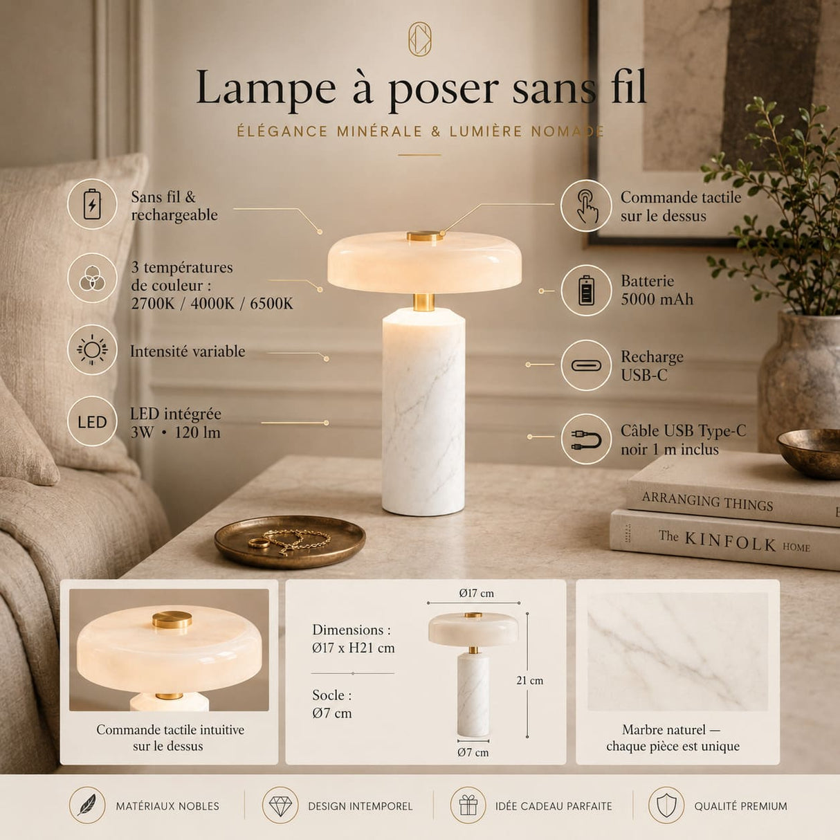 Lampe de table LED sans fil en marbre blanc | Design contemporain MARBELA