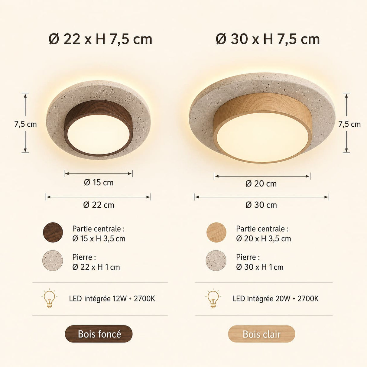 Plafonnier LED rond en travertin et bois | Design rétroéclairé en pierre naturelle ÉCLIPSE