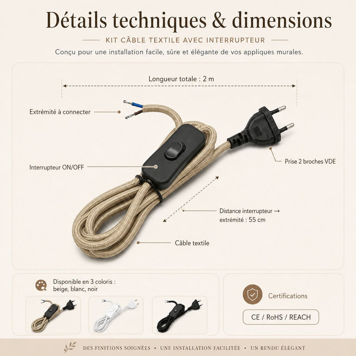 Kit câble textile avec interrupteur pour applique murale – 2 m