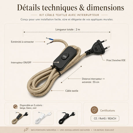 Kit câble textile avec interrupteur pour applique murale – 2 m