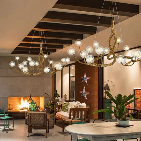 Lustre branche d’arbre à sphères lumineuses | Élégance rustique & design naturel