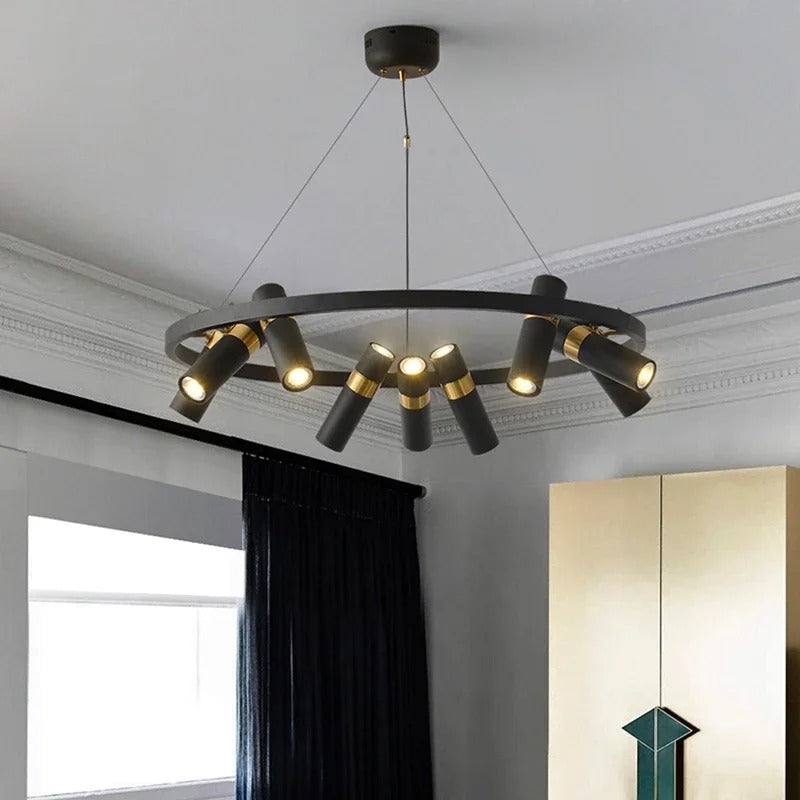 Lustre circulaire à spots orientables | Design moderne noir et or 9 têtes / Blanc chaud