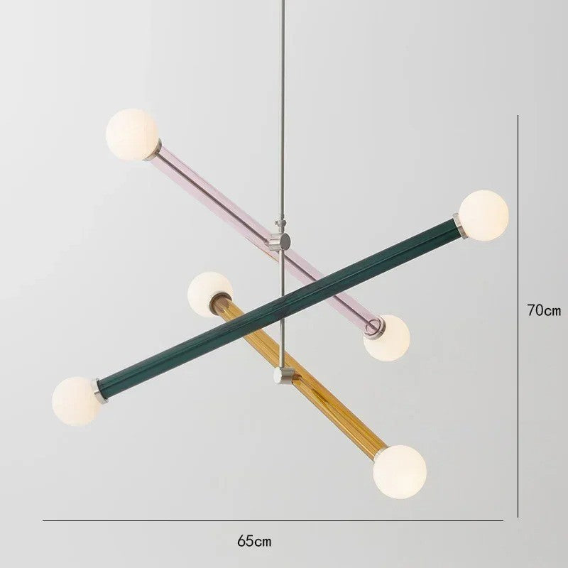 Lustre coloré à tubes entrecroisés et boules en verre dépoli
