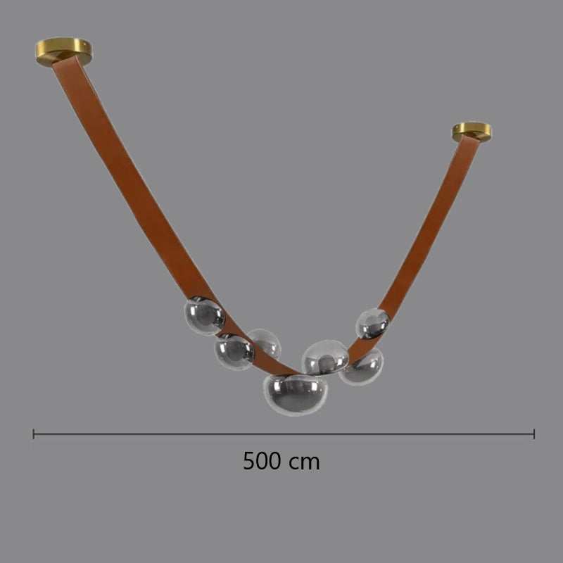 Lustre suspendu design à sangles de cuir et globes en verre Marron 5 mètres / Gris fumé / Blanc froid