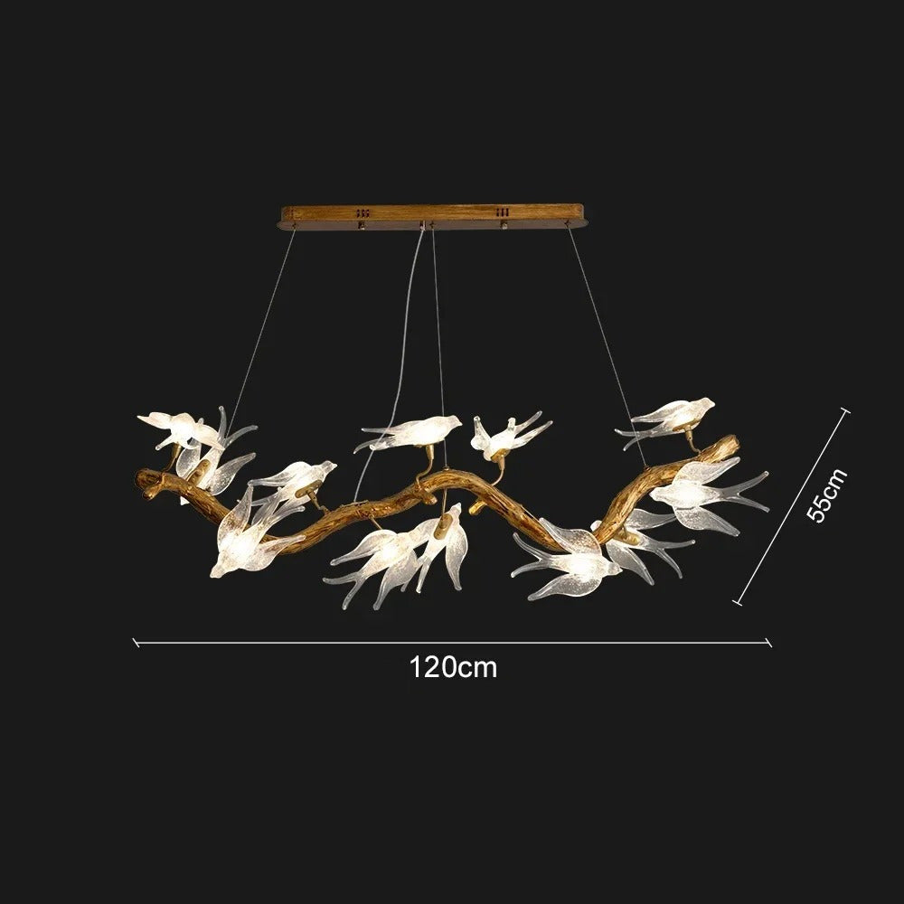Lustre suspendu oiseaux en résine sculptée | Chic & sculptural Linéaire 120 cm / Blanc froid