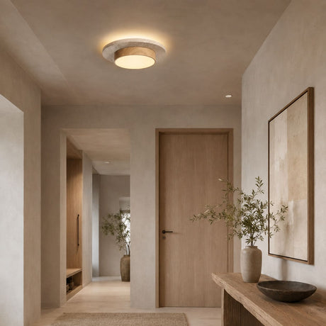 Plafonnier LED rond en travertin et bois | Design rétroéclairé en pierre naturelle ÉCLIPSE