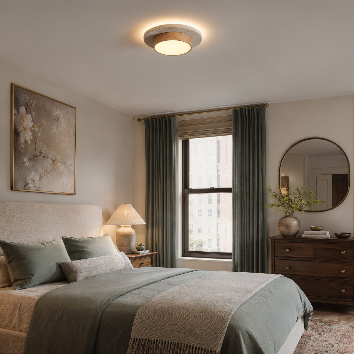 Plafonnier LED rond en travertin et bois | Design rétroéclairé en pierre naturelle ÉCLIPSE - Plafonnier