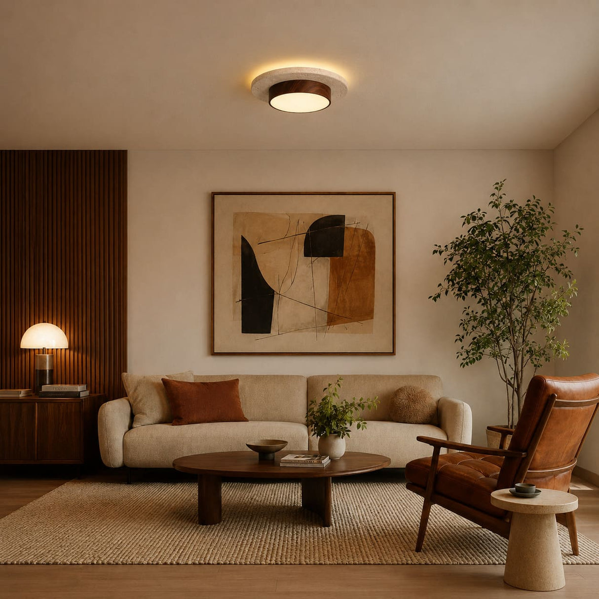 Plafonnier LED rond en travertin et bois | Design rétroéclairé en pierre naturelle ÉCLIPSE