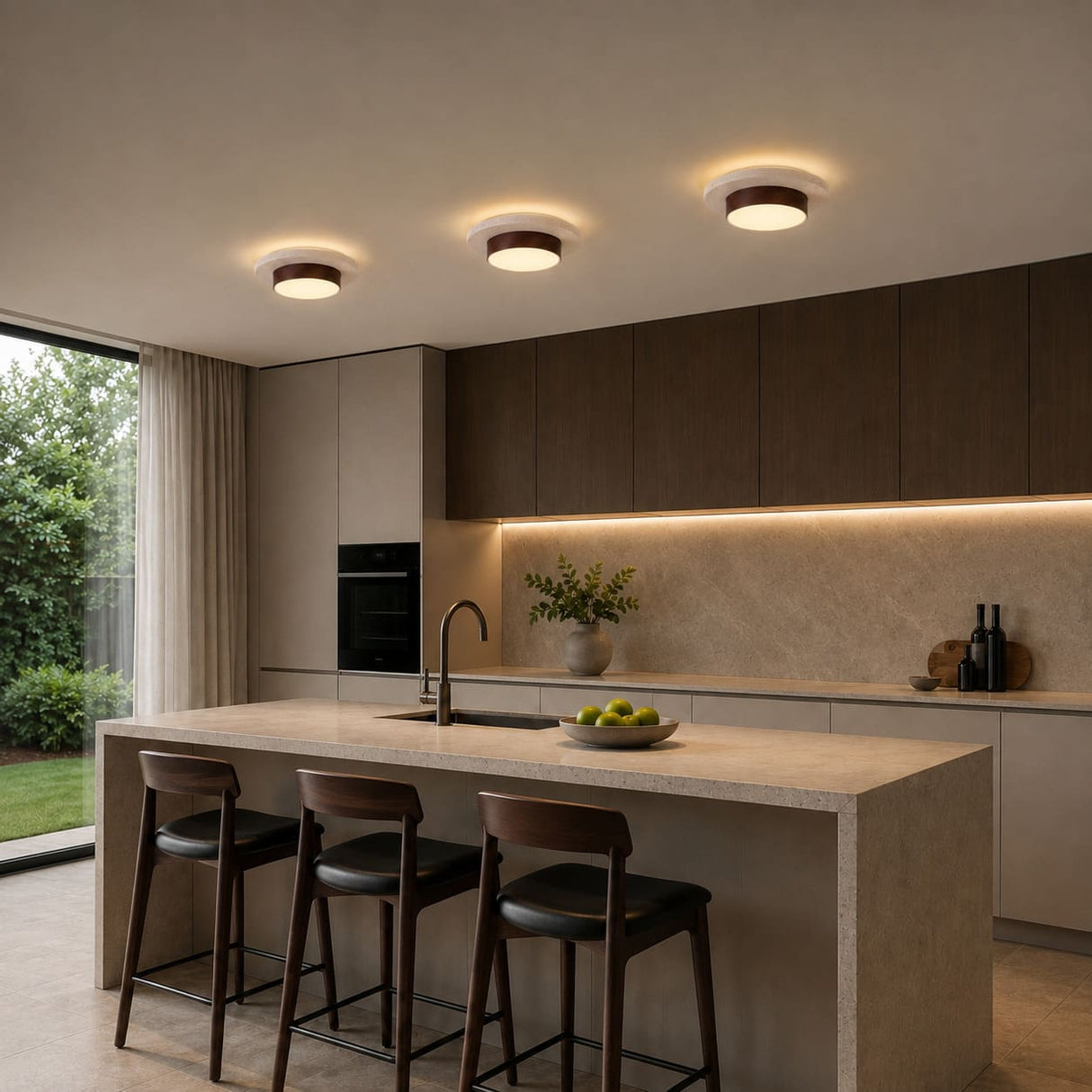Plafonnier LED rond en travertin et bois | Design rétroéclairé en pierre naturelle ÉCLIPSE