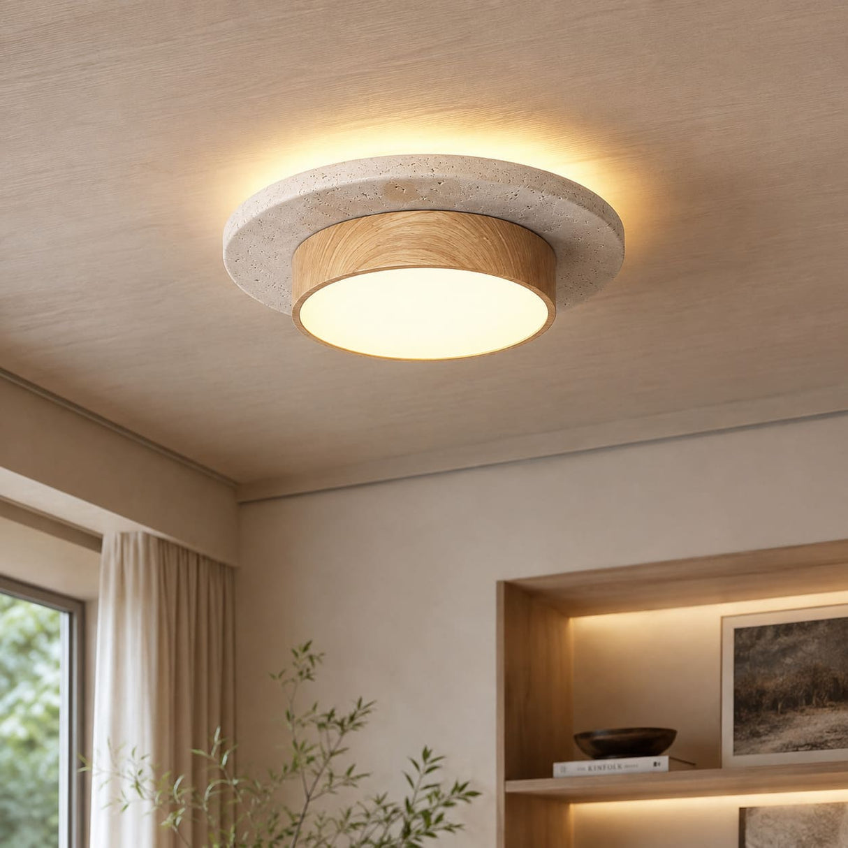 Plafonnier LED rond en travertin et bois | Design rétroéclairé en pierre naturelle ÉCLIPSE