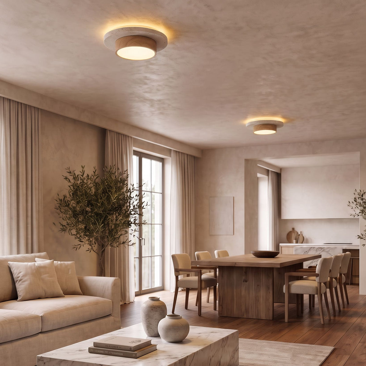 Plafonnier LED rond en travertin et bois | Design rétroéclairé en pierre naturelle ÉCLIPSE - Plafonnier