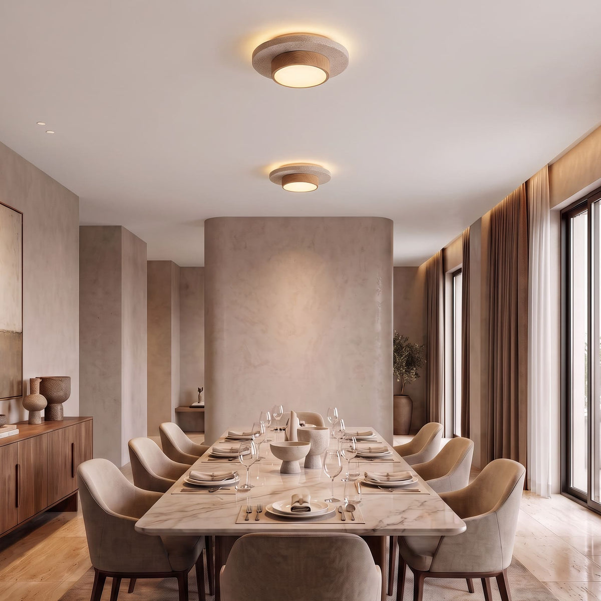 Plafonnier LED rond en travertin et bois | Design rétroéclairé en pierre naturelle ÉCLIPSE - Plafonnier