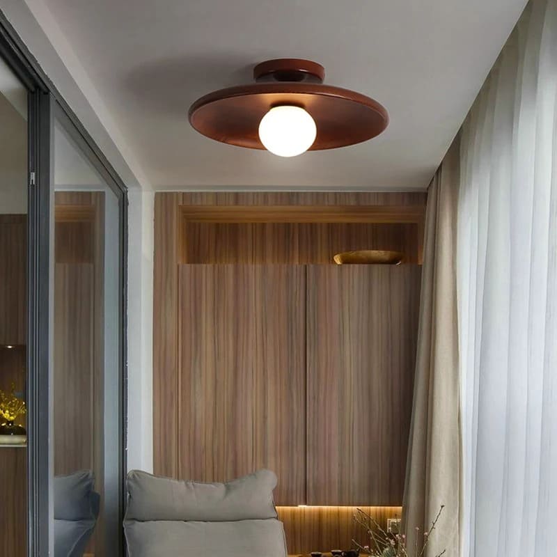 Plafonnier rond en bois naturel avec globe en verre | Design japandi Marron foncé