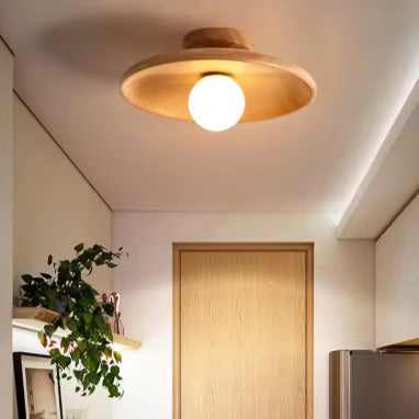 Plafonnier rond en bois naturel avec globe en verre | Design japandi Marron clair