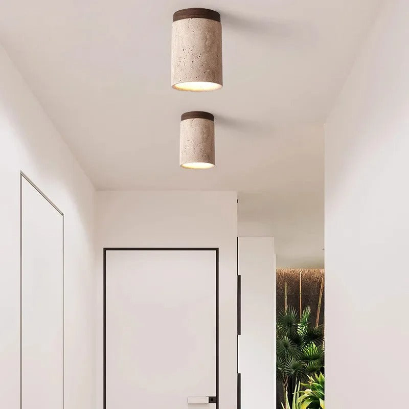 Spot plafond en travertin & bois | Élégance minérale naturelle