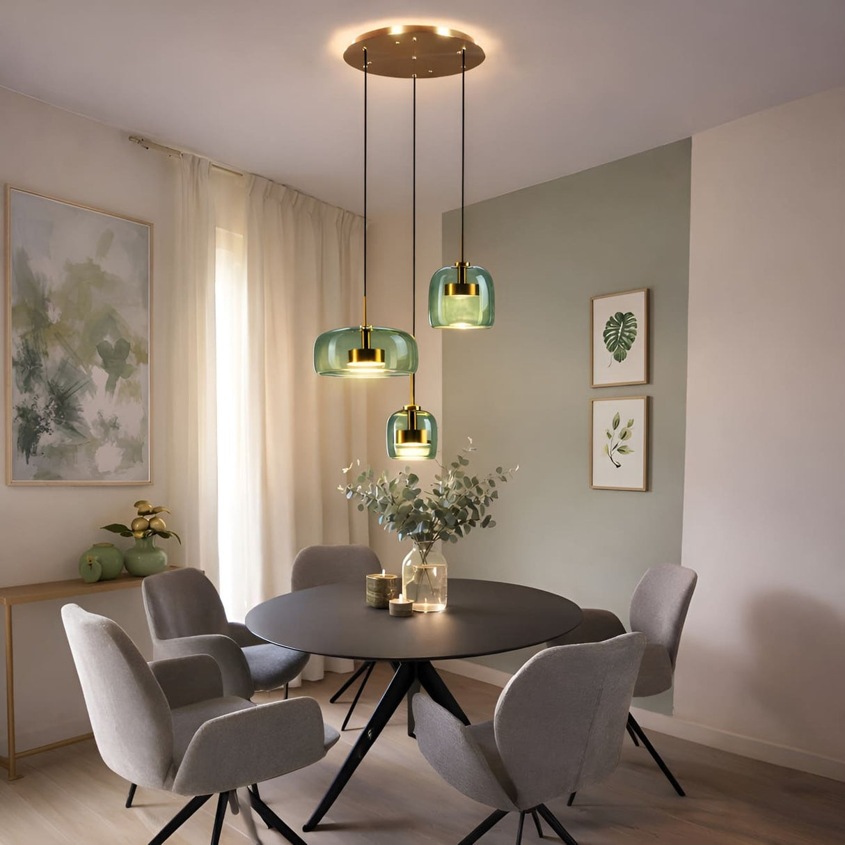 Lustre et suspension vert amande en verre soufflé