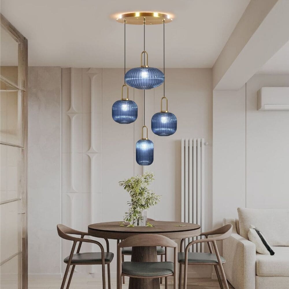 suspension en verre bleu, lustre salle à manger