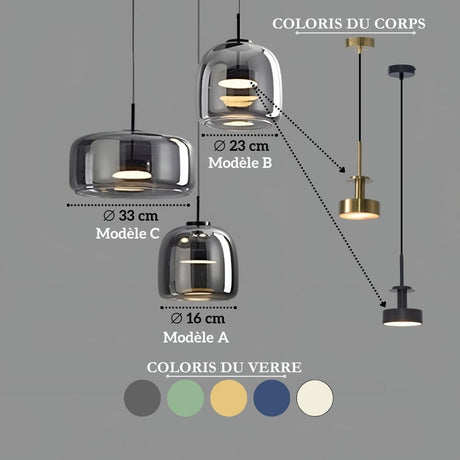 taille et dimension suspension nova en verre teinté lumeo creative