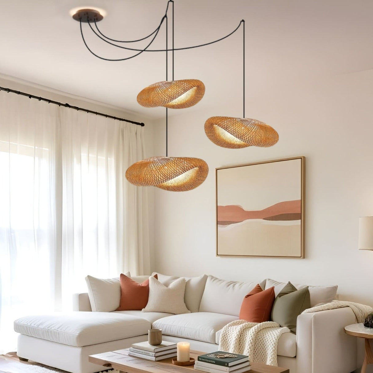 Suspension design en rotin tressé | Forme organique et chaleureuse