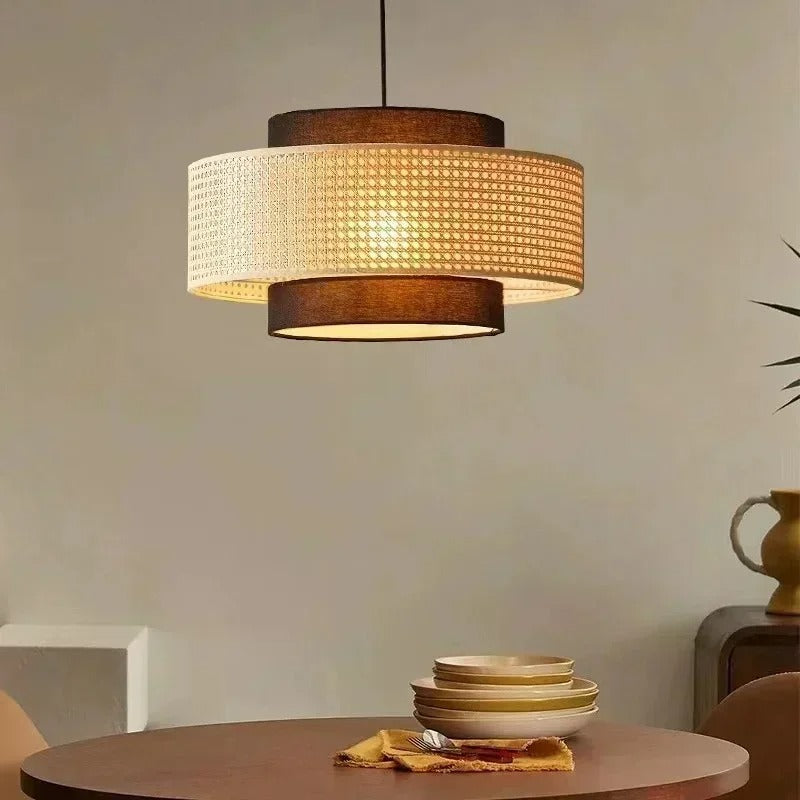Suspension ronde en rotin tressé style bohème 40 cm / Marron / Blanc froid