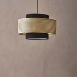 Suspension ronde en rotin tressé style bohème 40 cm / Noir / Blanc froid