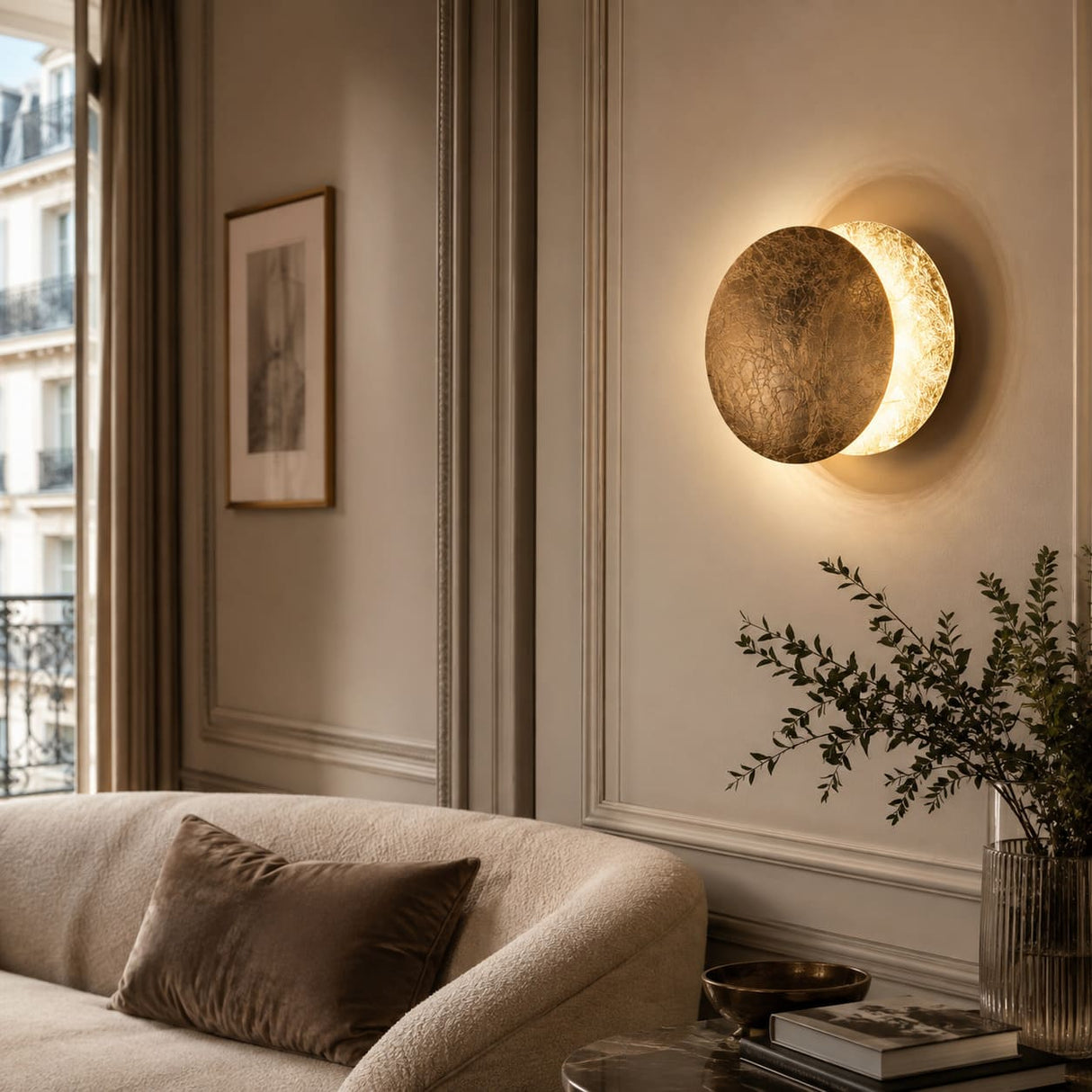 Applique murale dorée ÉCLIPSE | Luminaire sans fil rechargeable ou filaire